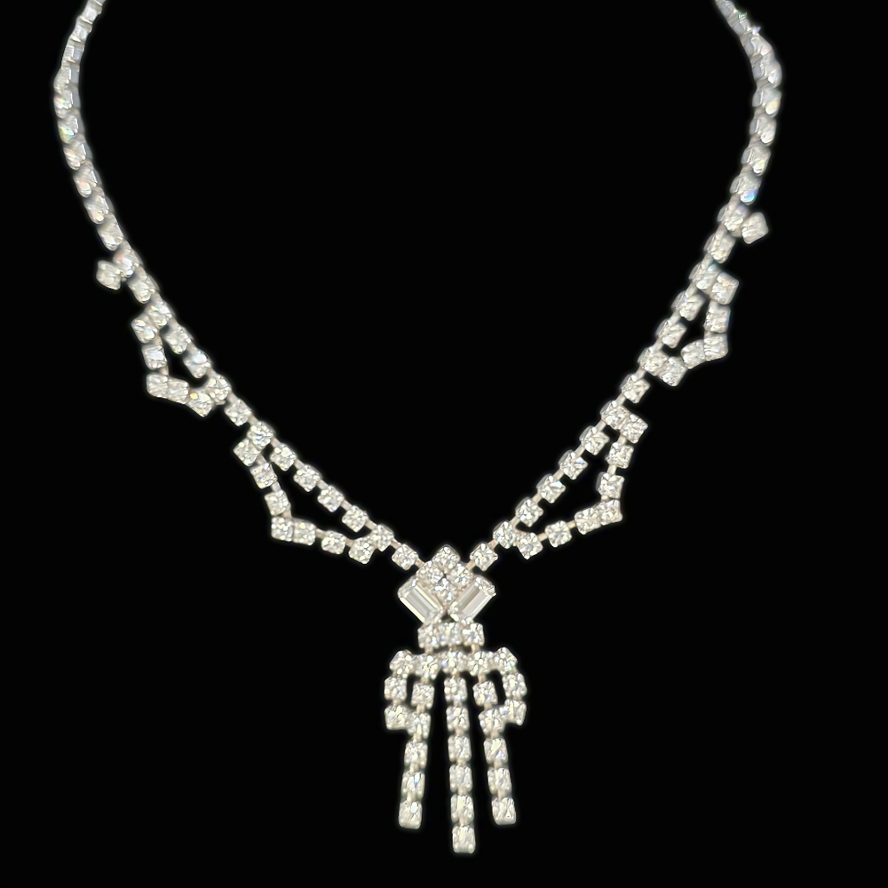 Vintage Art Deco Rhinestone Waterfall Drop Necklace Silver